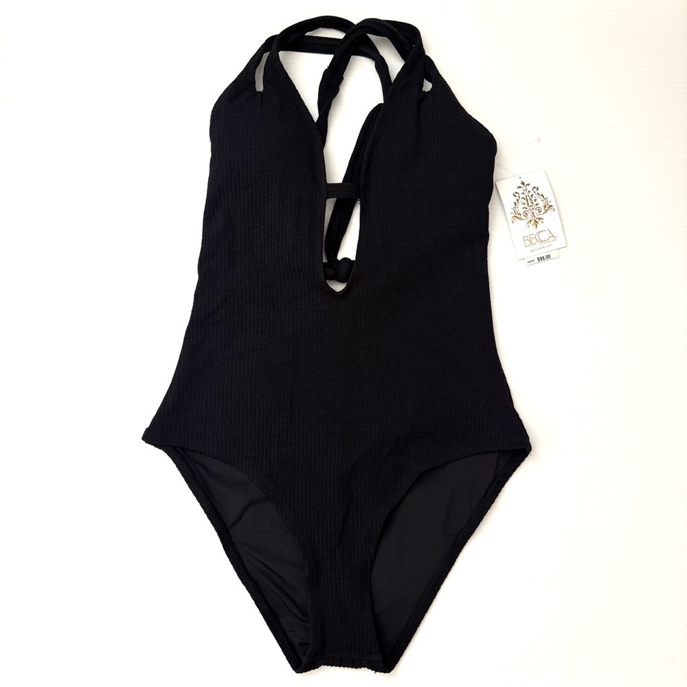 BECCA Modern Edge Textured Plunging Neck Black Swimsuit Size Large - Picture 5 of 8